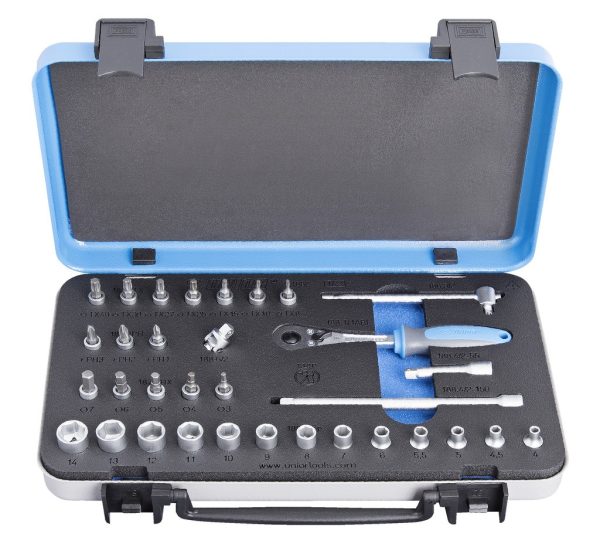 erp_trigger Unior Juego de vasos y accesorios de 1/4" en caja metálica
